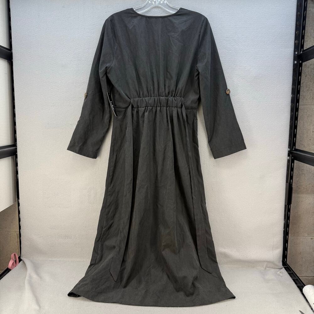 Lulus Dress Women's M Black Button Up Belted Adjustable Sleeve V-neck NWT - Picture 2 of 13